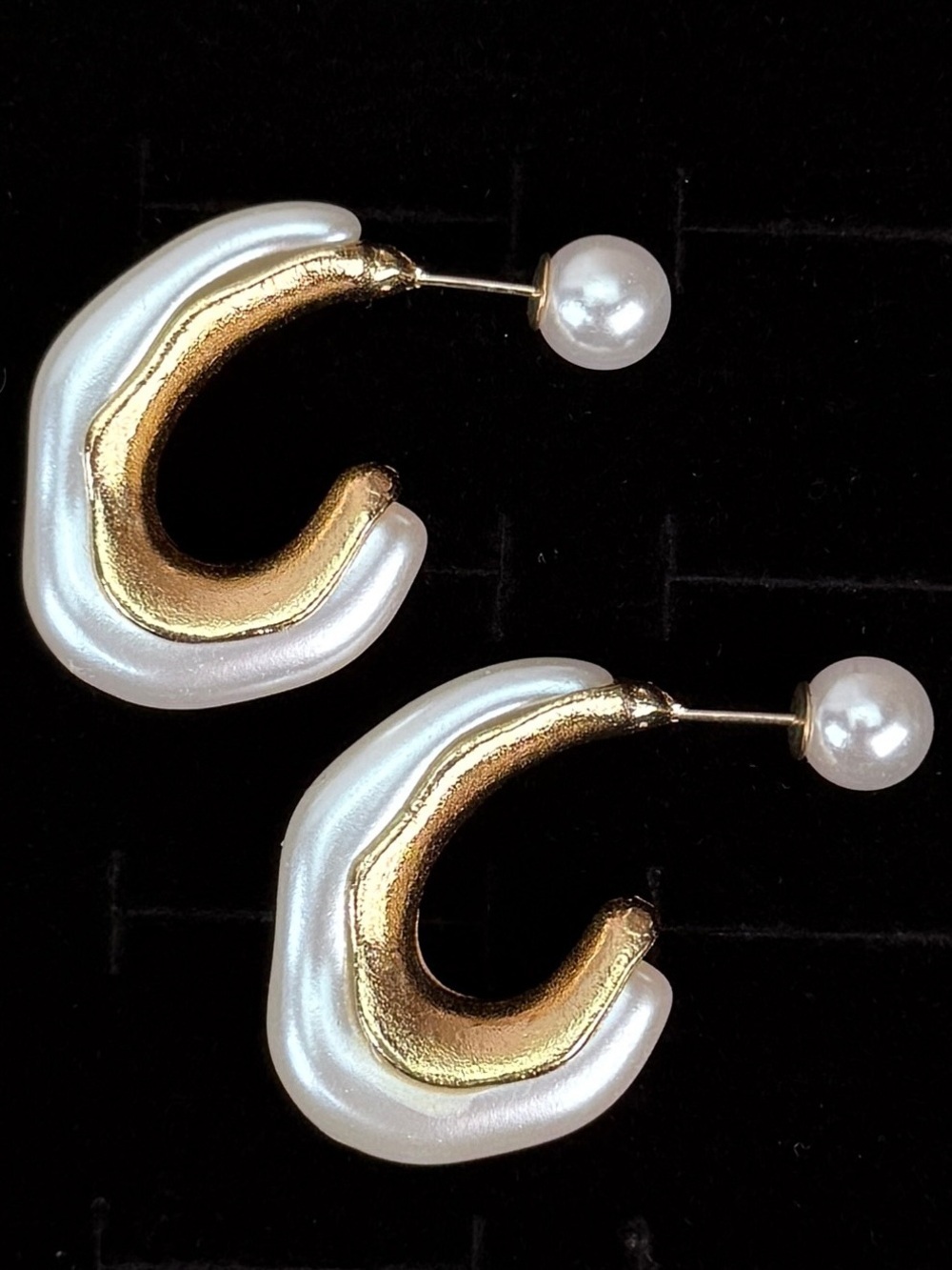 Vintage Gold Tone Faux Pearl Hoop Earrings Modern Sculptural Statement
